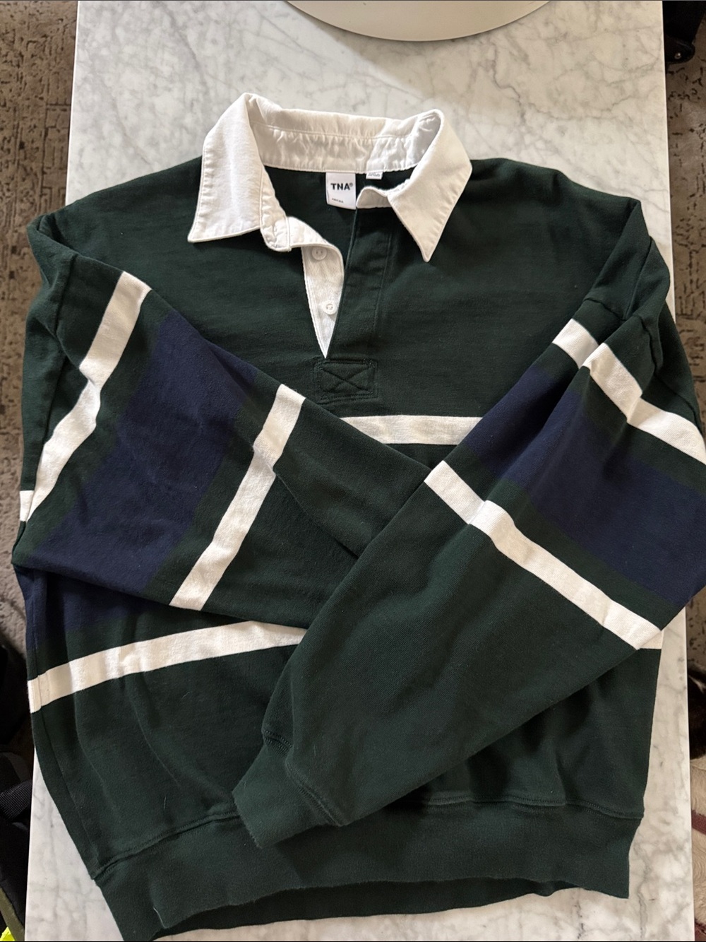 Aritzia TNA Dark Green Rugby Stripes striped Long-Sleeve Polo white color S